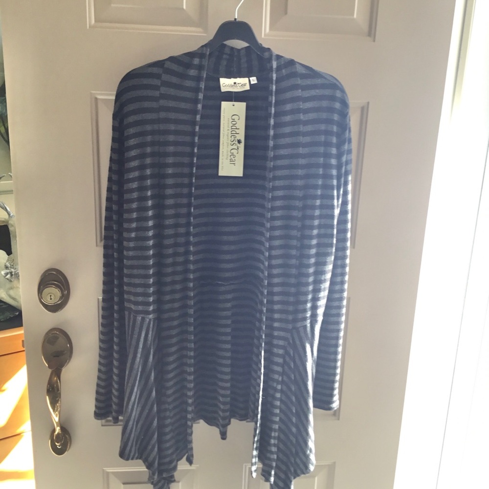 Goddess Gear open cardigan in - Black and Gray stripe.